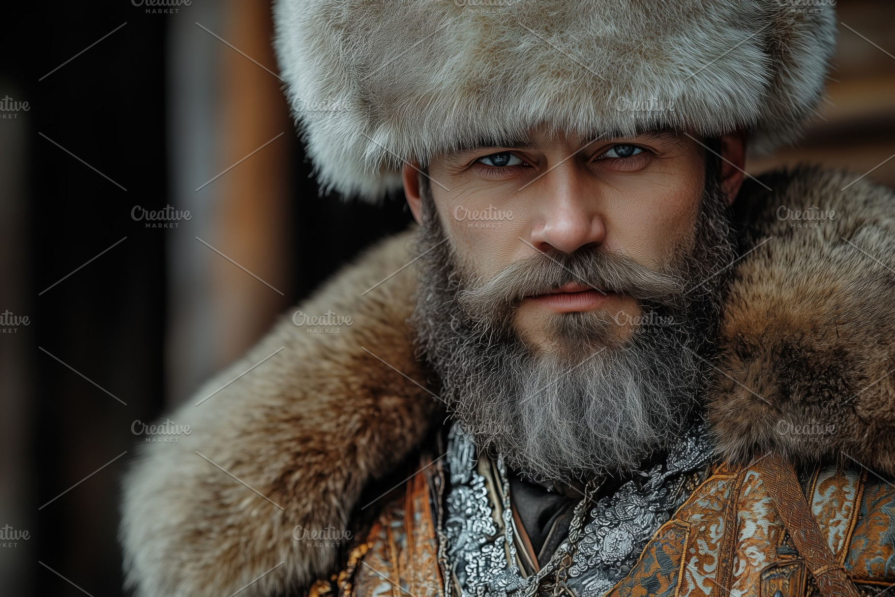A close-up portrait of a man dressed in traditional fur attire, featuring a lar, a Person Photo by Textures & Backgrounds