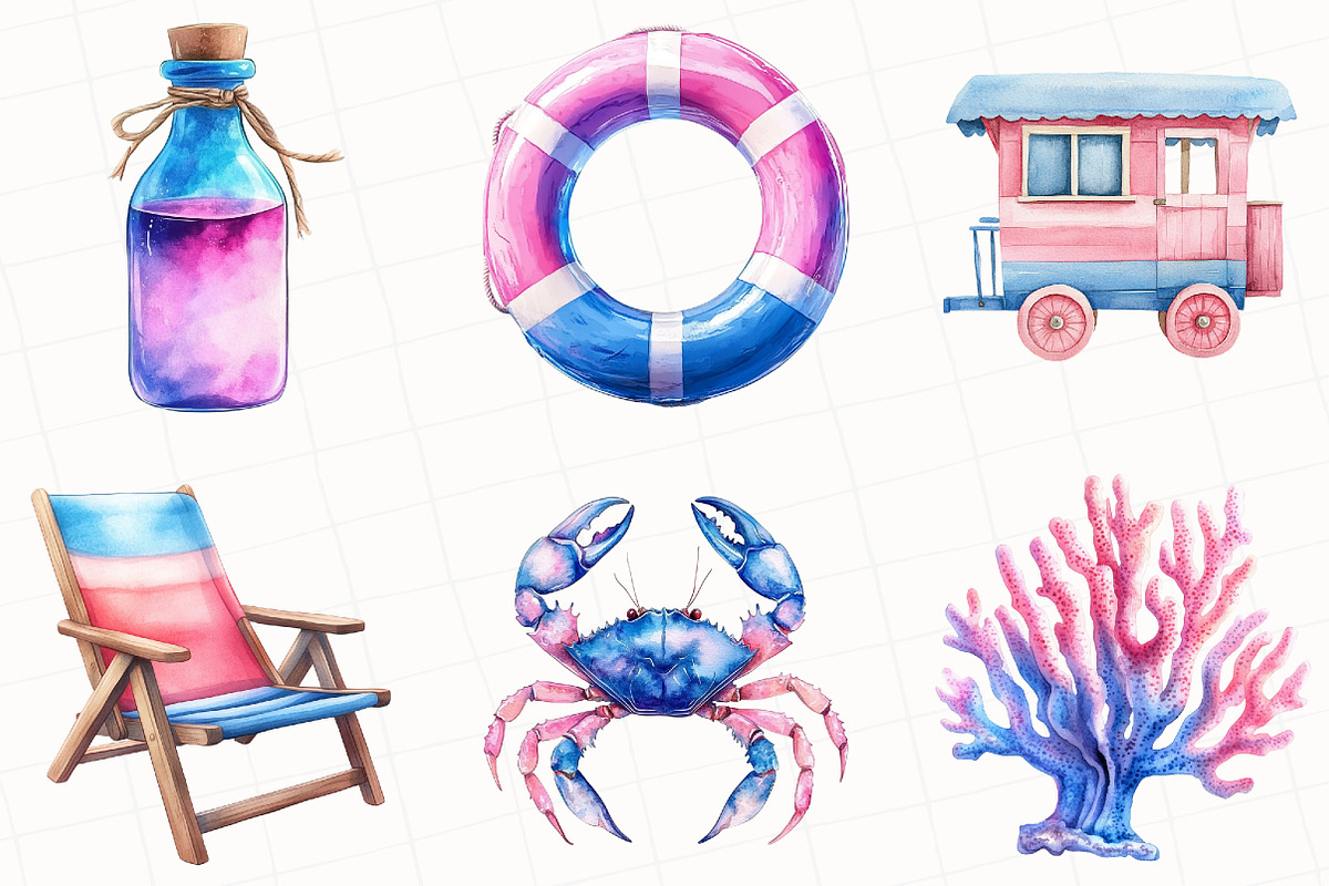 Summer Pink & Blue Coastal Clipart, an Illustration by OK Design (Photo 3 of 5)