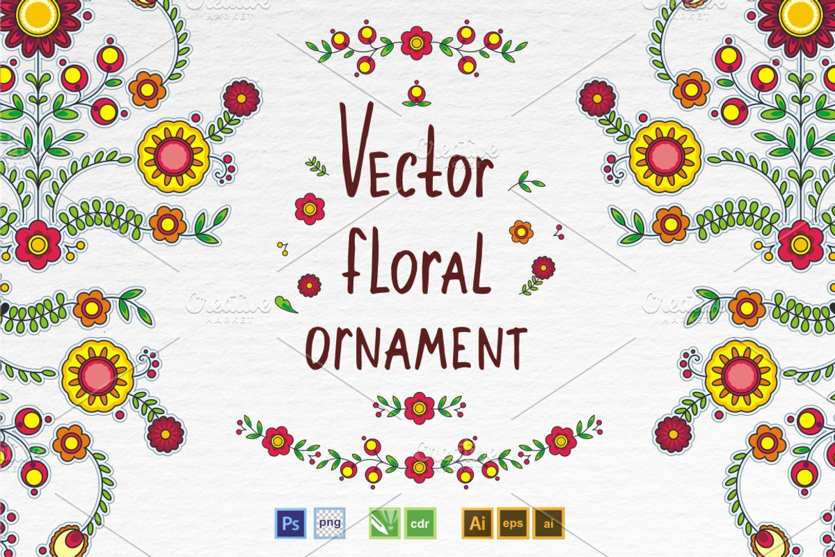 Folk Floral Vector Ornament Set, a Decorative Illustration by ElenaKovalyova (Photo 1 of 5)