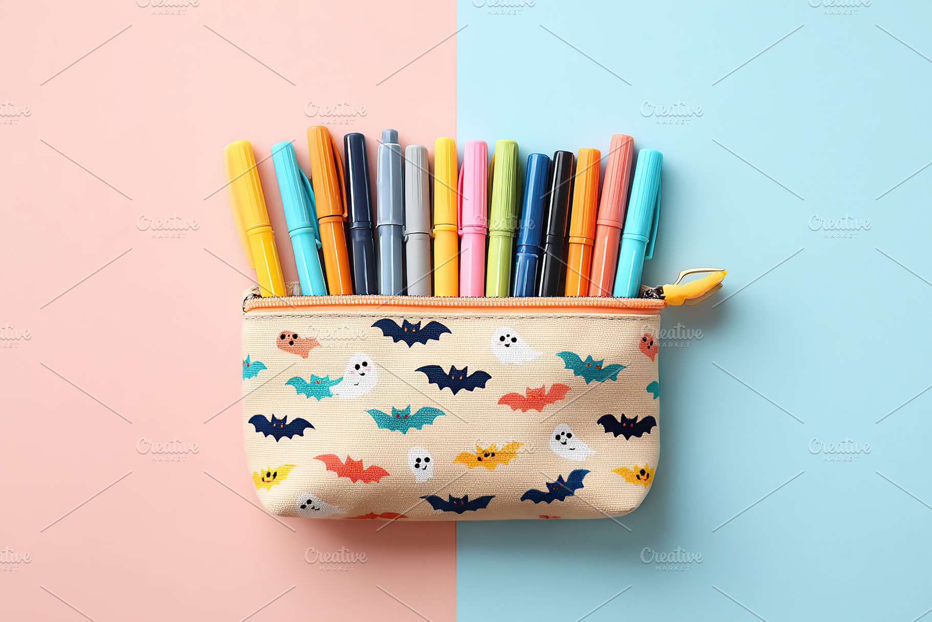 Colorful markers stored in a cute bat-themed pencil case on pastel background, a Holiday Photo by AlyaAnd