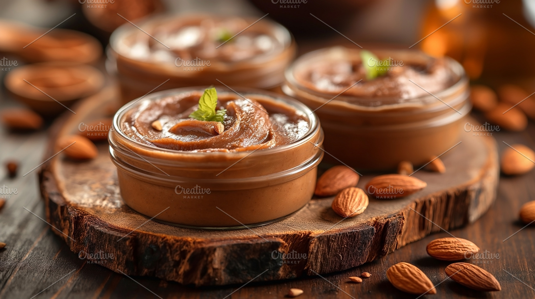 Deliciously smooth almond butter in glass jars, garnished with m, a Food & Drink Photo by ImageMir