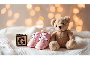 Pink baby shoes, teddy bear, and, an Illustration by tilialucida