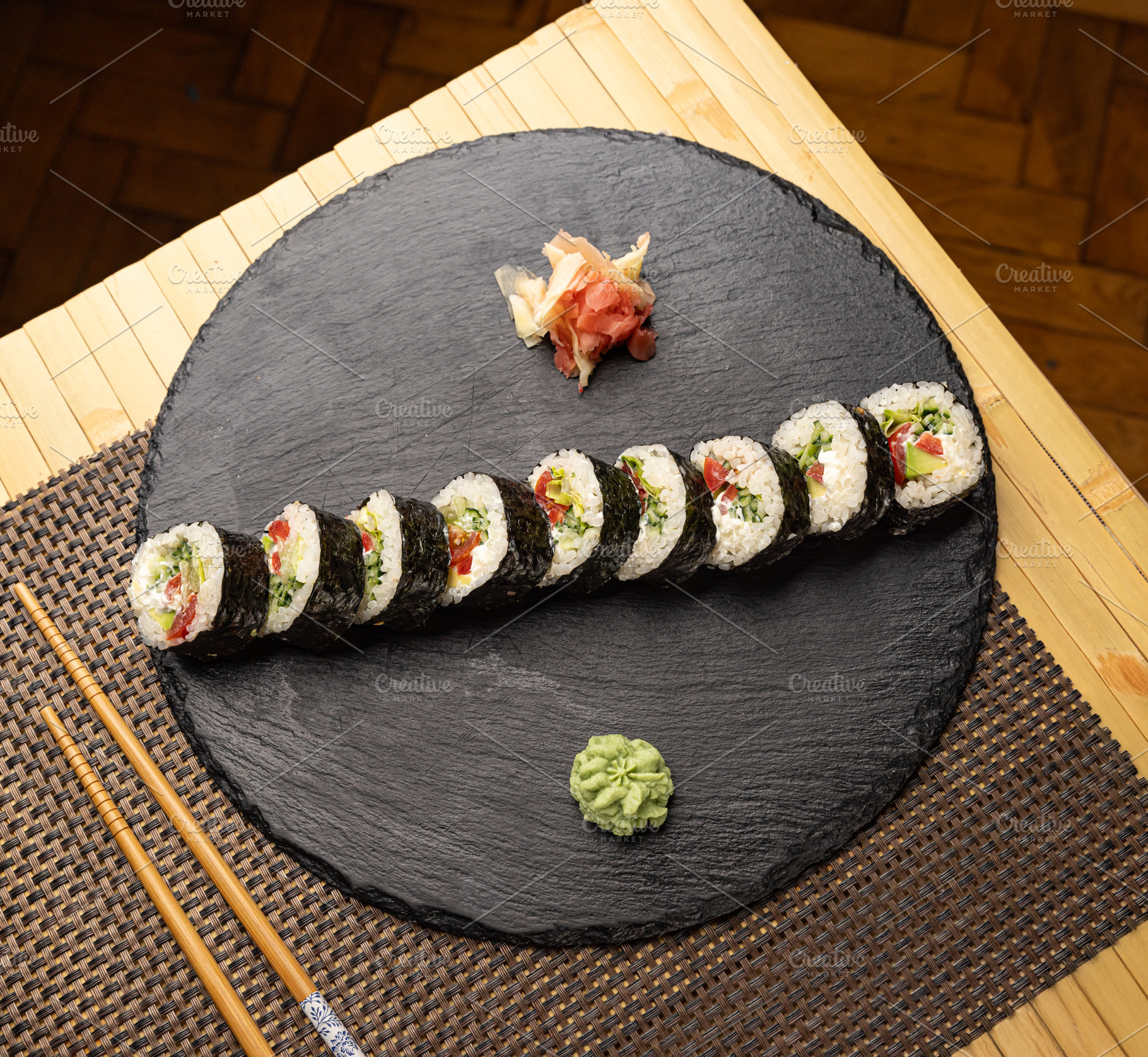 Freshly made vegan sushi rolls, a Photo by Grafvision photography
