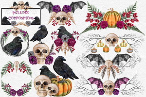 Halloween Watercolor Skulls & Roses