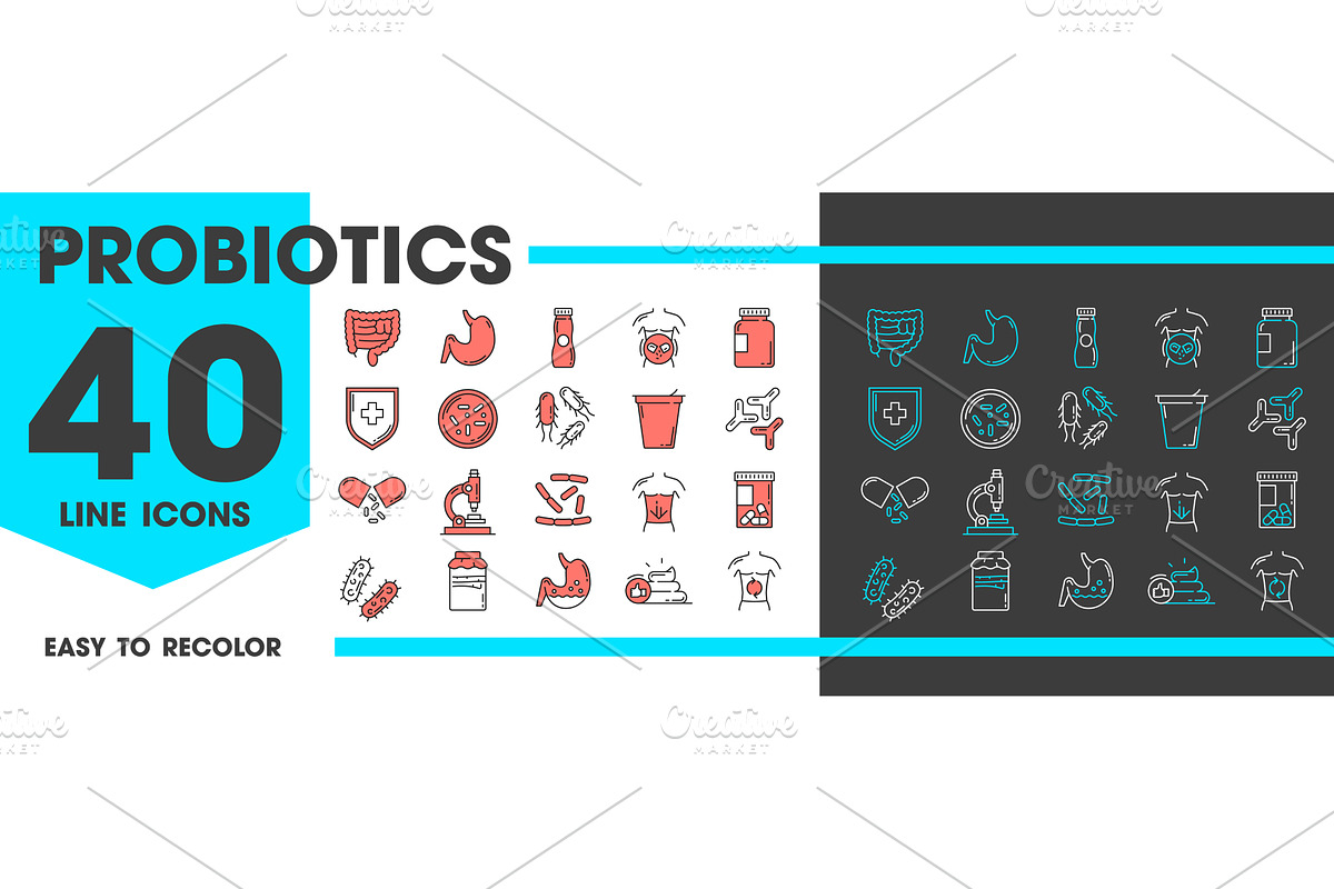 Probiotic and intestine line icons, a Healthcare Illustration by Vector Tradition
