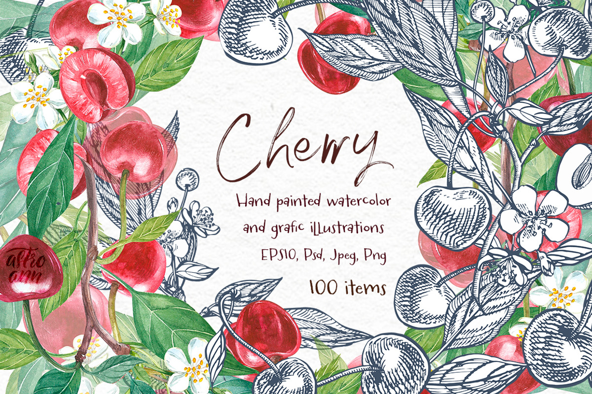 Cherry Graphic & Watercolor clipart, a Food Illustration by Ann Astro (Photo 1 of 5)