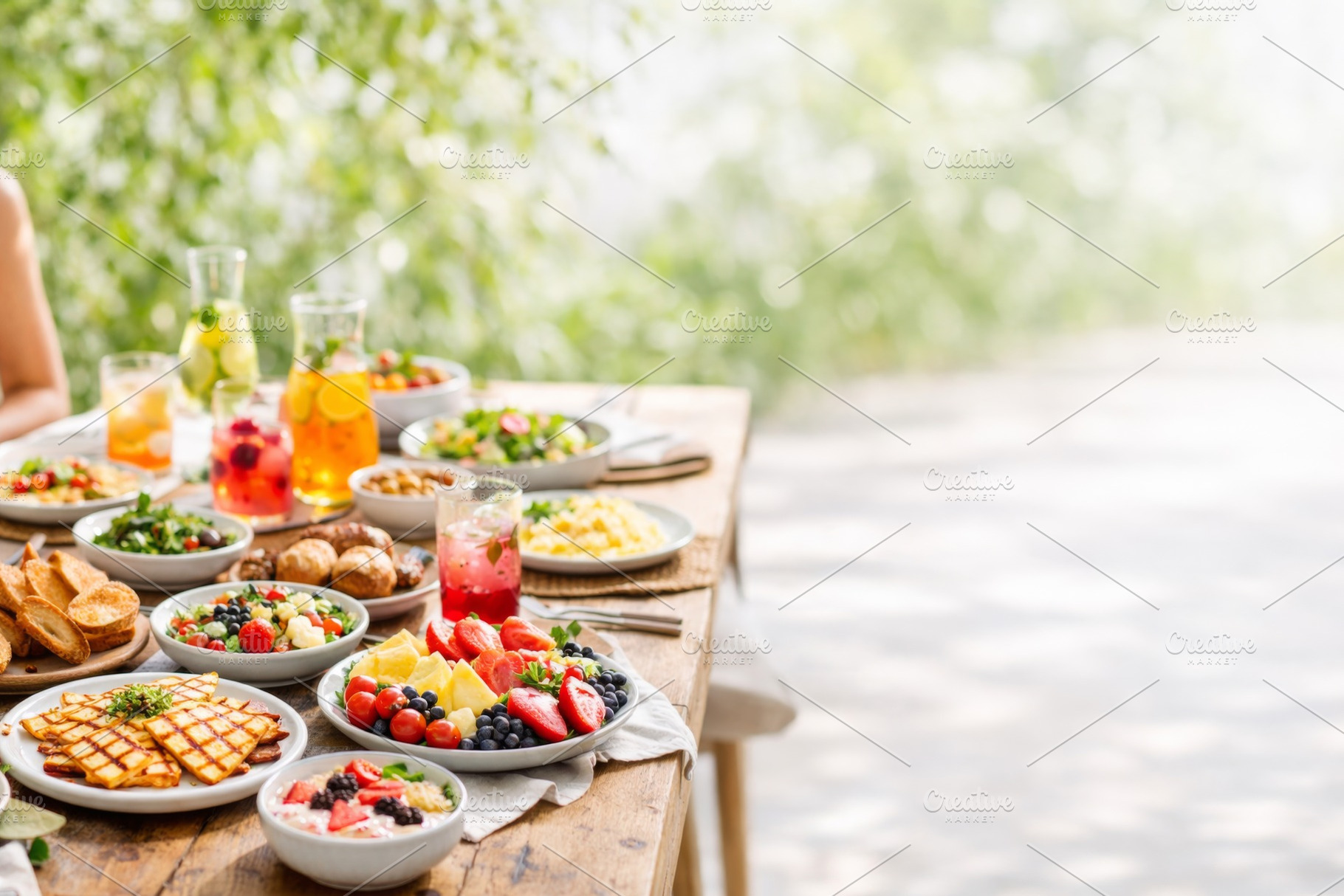 Outdoor backyard BBQ party food tabl, a Photo by Dvoevnore photos