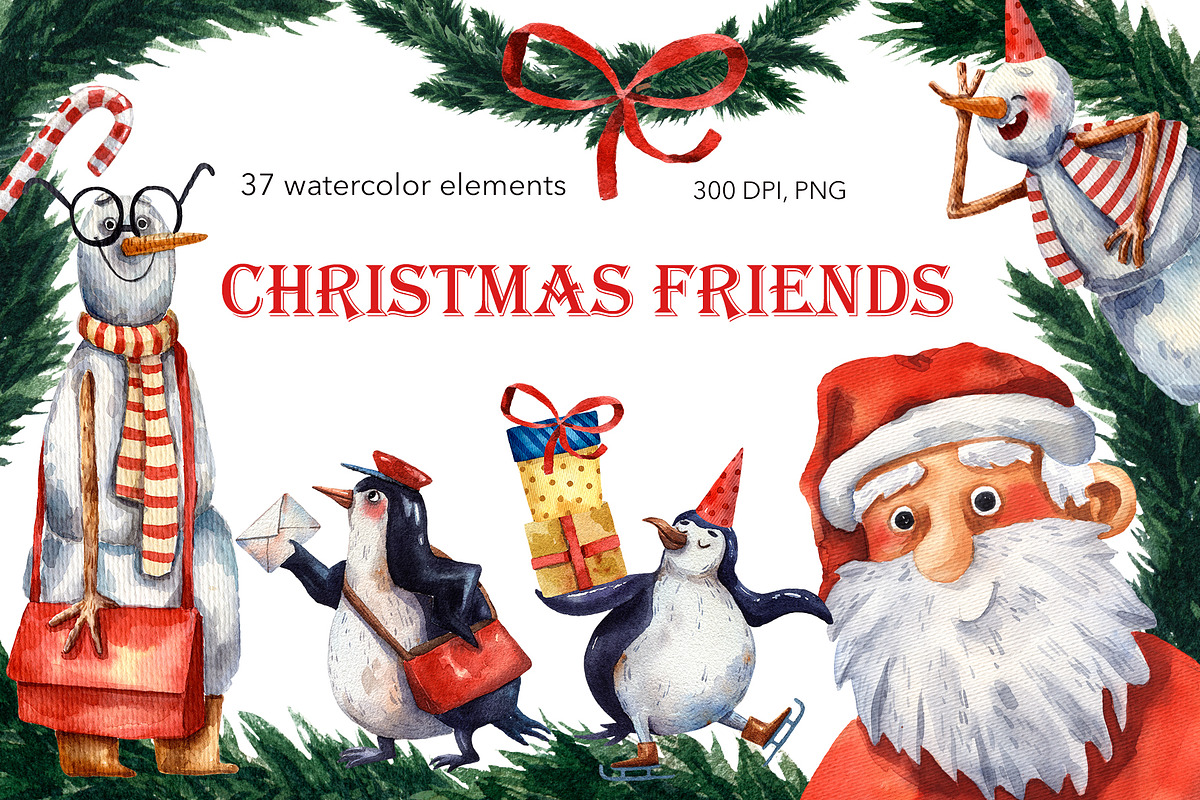 Christmas Friends - Watercolor Set, an Animal Illustration by Mashamashastu (Photo 1 of 11)