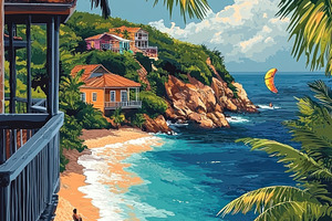 Colorful seaside houses along a tropical beach with palm trees,, a Person Photo by José Manuel Gelpi
