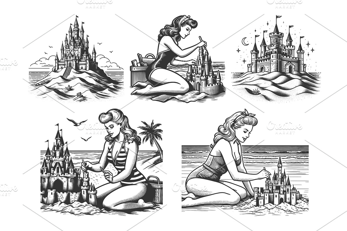 pin-up girls building sandcastles, a Person Illustration by AlexArt
