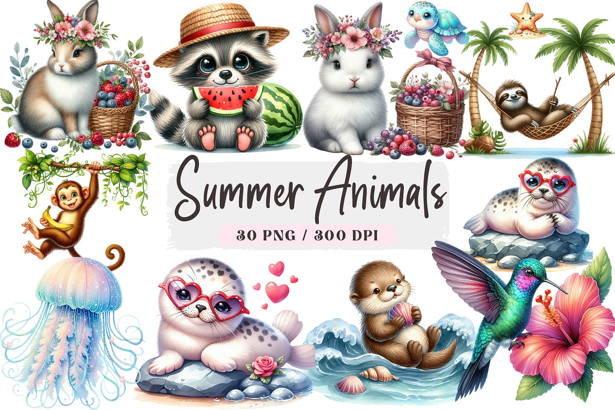 Summer Animals Sublimation Clipart, an Animal Illustration by DreamArtGraphic (Photo 1 of 4)