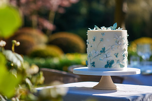 Wedding cake with floral icing decorating an outdoor reception i, a Photo by Studio ANNA