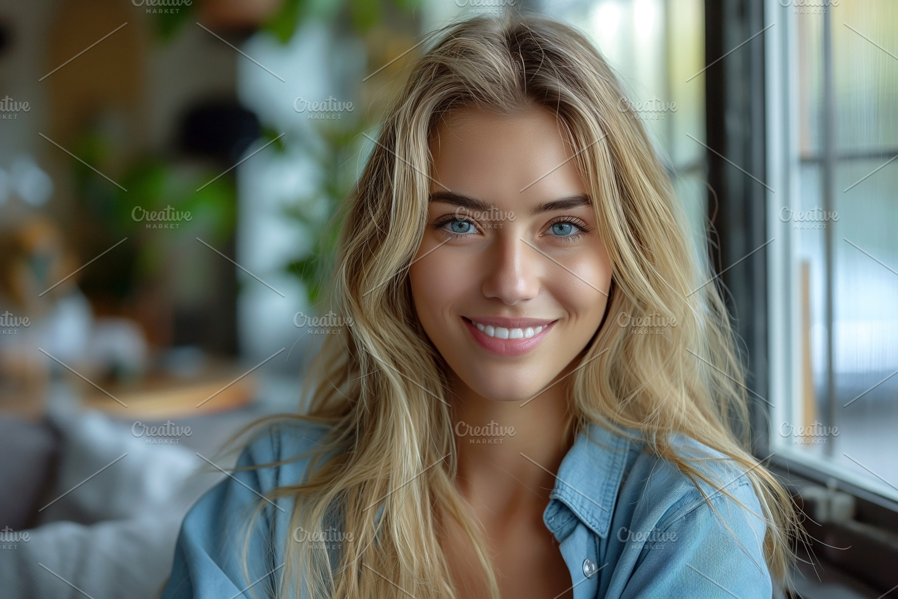 Smiling young woman with long blonde hair and blue eyes, wearing a casual denim, a Person Photo by ImageMir