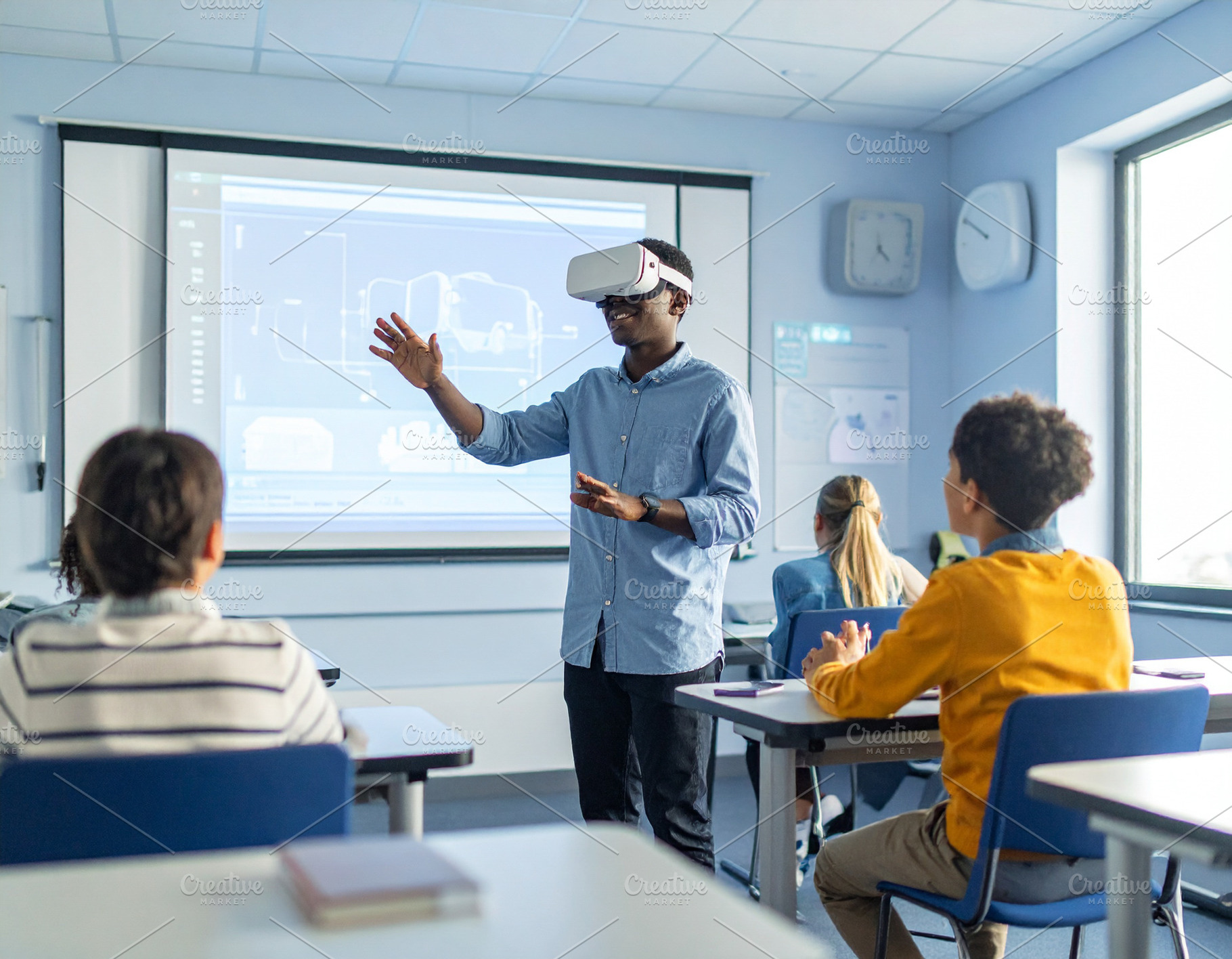 Student wearing AR glasses in a classroom symbolizing immersive, a School & Education Photo by DanFLCreativo
