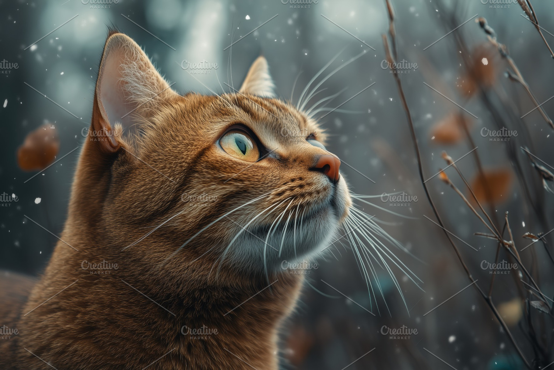 A close-up of an orange tabby cat gazing upwards, surrounded by soft falling sn, an Animal Photo by Textures & Backgrounds