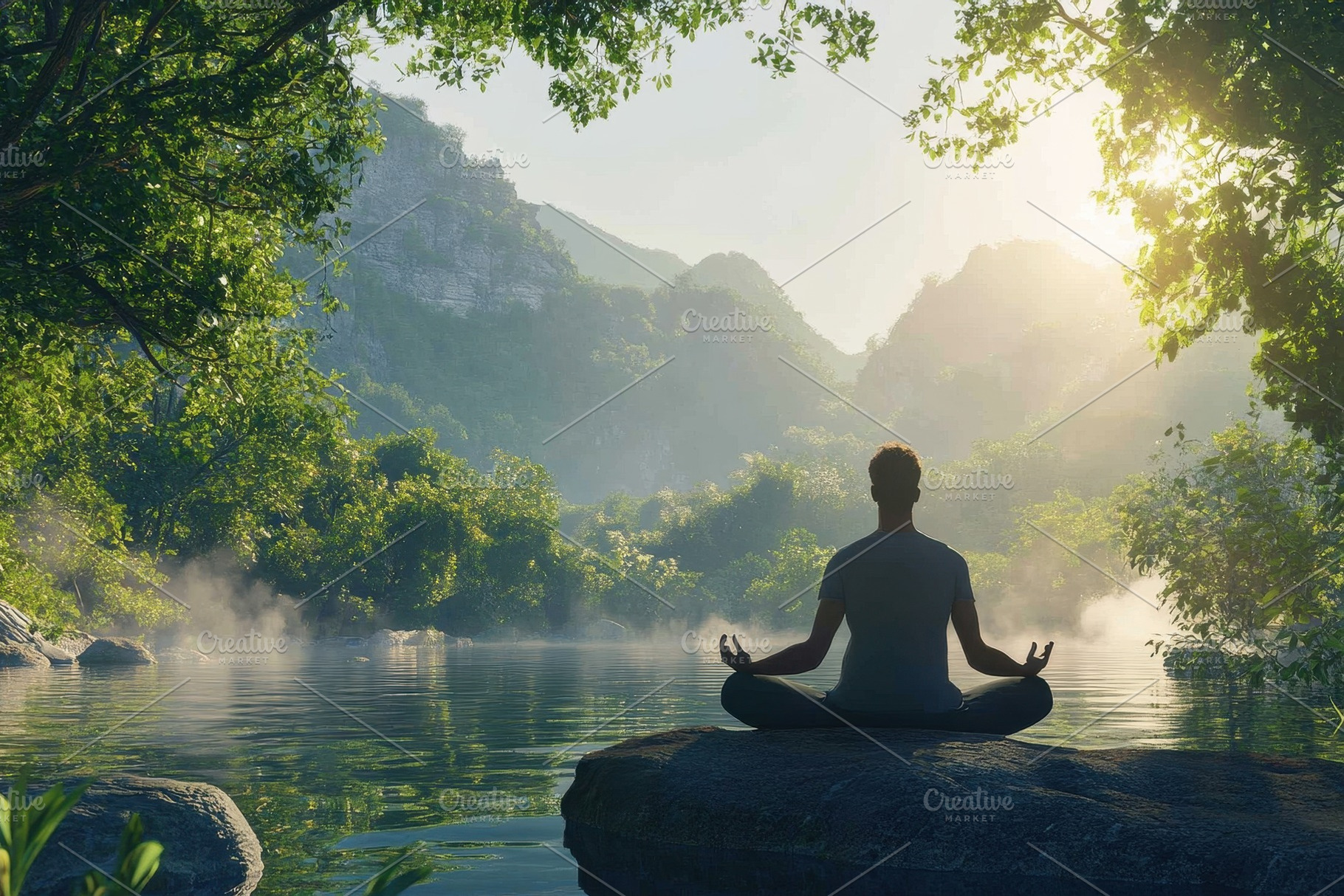 Man meditates in peaceful nature, a Photo by Pavel_design