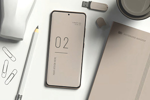 Smartphone with Office Items Mockup, an Advertising Mockup by skybluecreative
