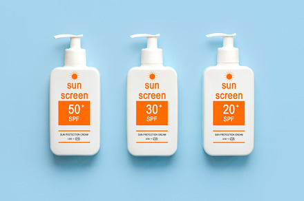 Top view of bottles of sunscreen