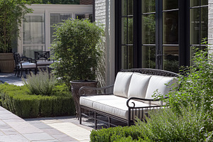Outdoor elegantly furnished patio with comfortable white cushions on wrought ir, an Architecture Photo by Studio ANNA