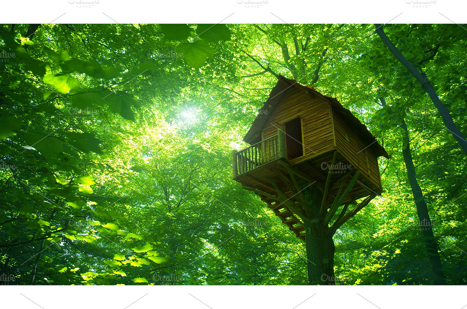 Wooden Treehouse Perched Amidst Lush, a Nature Photo by Lermont51