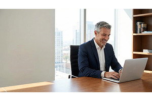 Successful Man Works on Laptop, a Business Photo by CREATIVEDEF
