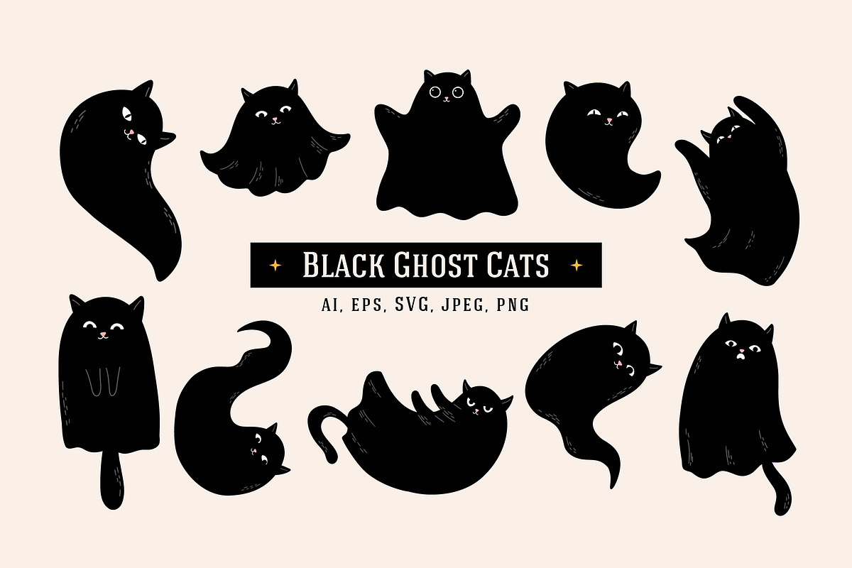 10 Black Ghost Cats, an Animal Illustration by helenreveur (Photo 1 of 2)