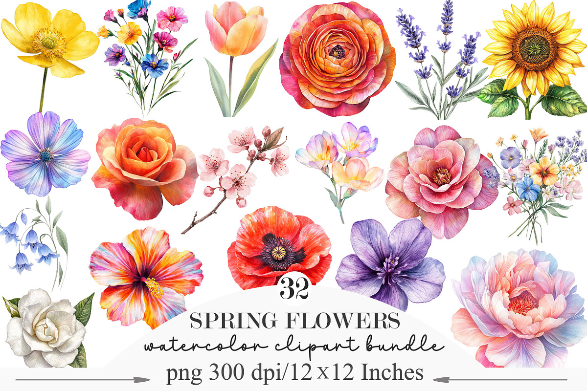 Watercolor Spring Flowers Clipart, an Illustration by Designking (Photo 1 of 5)