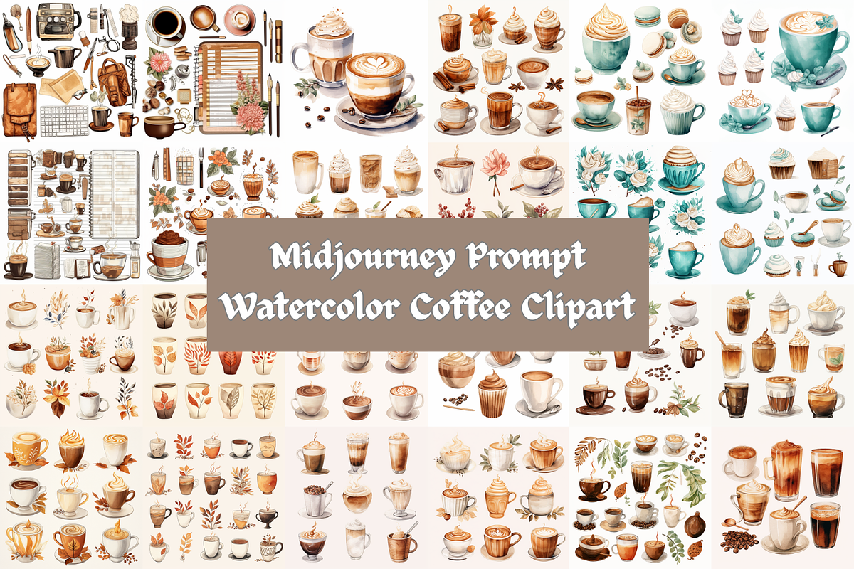 Prompt Watercolor Coffee Clipart, a Decorative Illustration by Creative design (Photo 1 of 7)