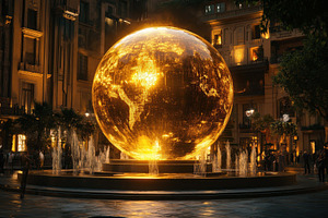 Illuminated globe fountain in a busy, a Photo by Tanuart
