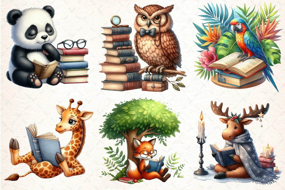 Animals Reading Books Clipart, an Illustration by DreamCafeArt (Photo 3 of 7)