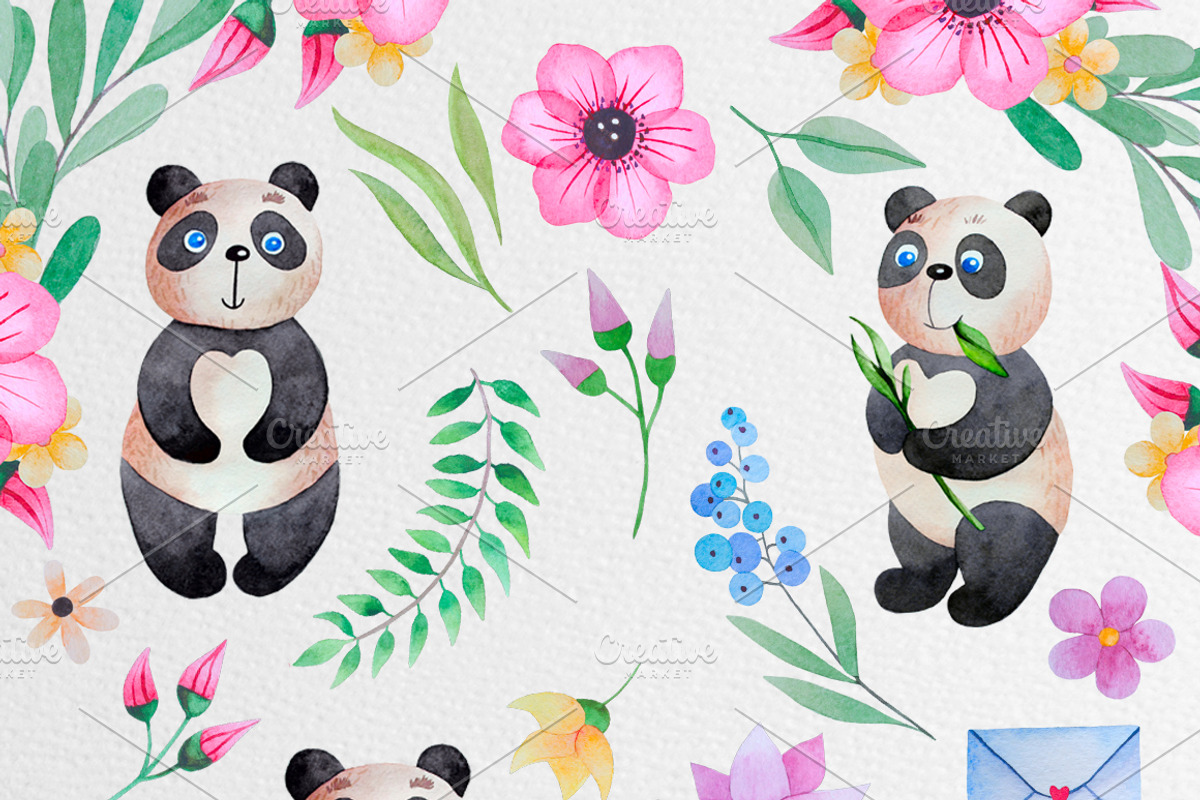 Watercolor Panda and flowers, an Animal Illustration by rosypatterns (Photo 2 of 5)