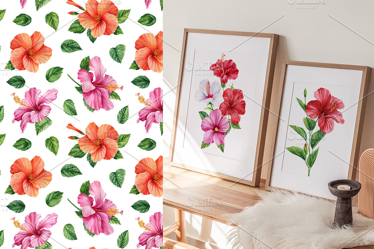 Watercolor tropical hibiscus flowers, an Object Illustration by Hanna Hryharenka (Photo 13 of 18)