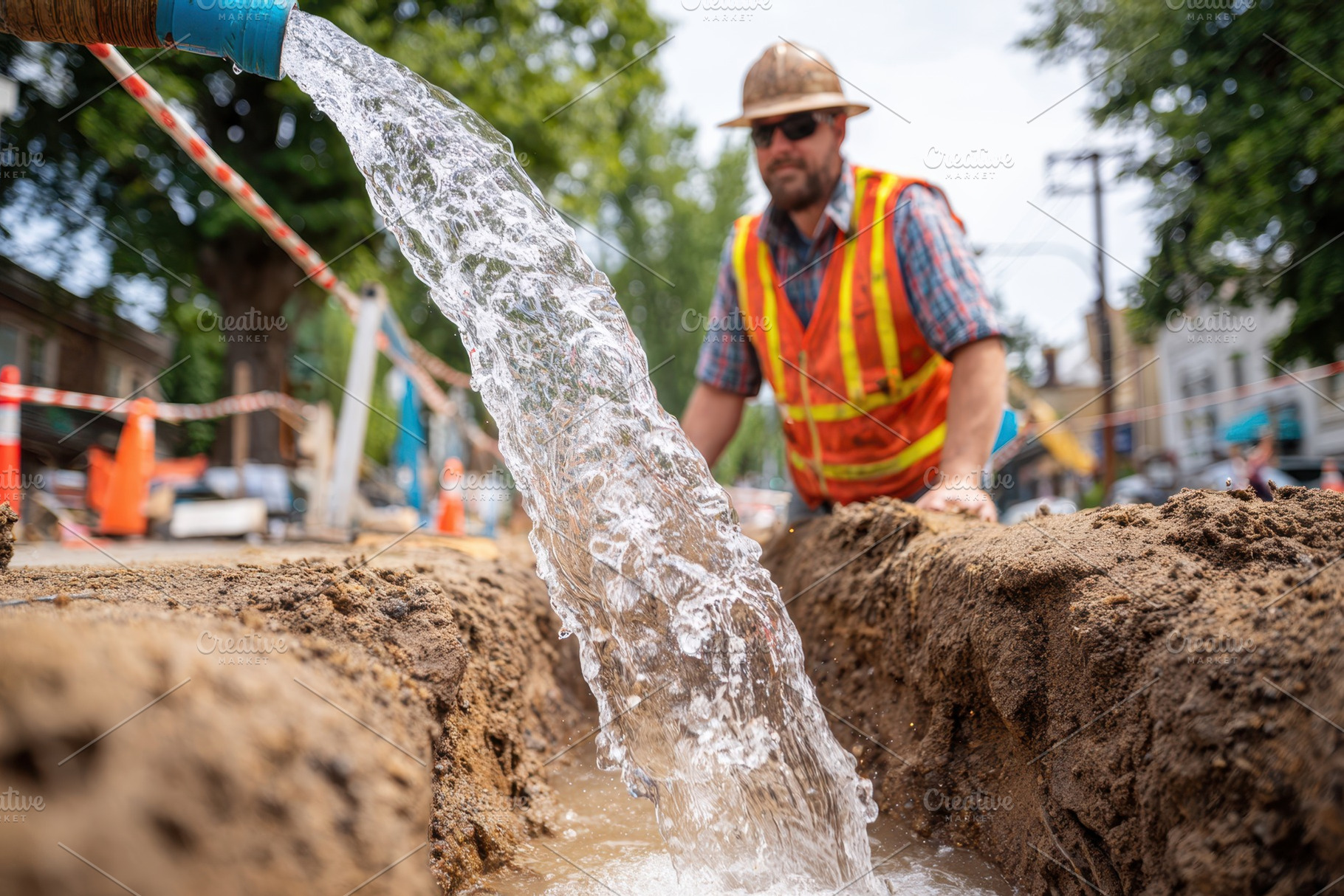 Worker managing water flow in trench, an Industrial Photo by AlyaAnd