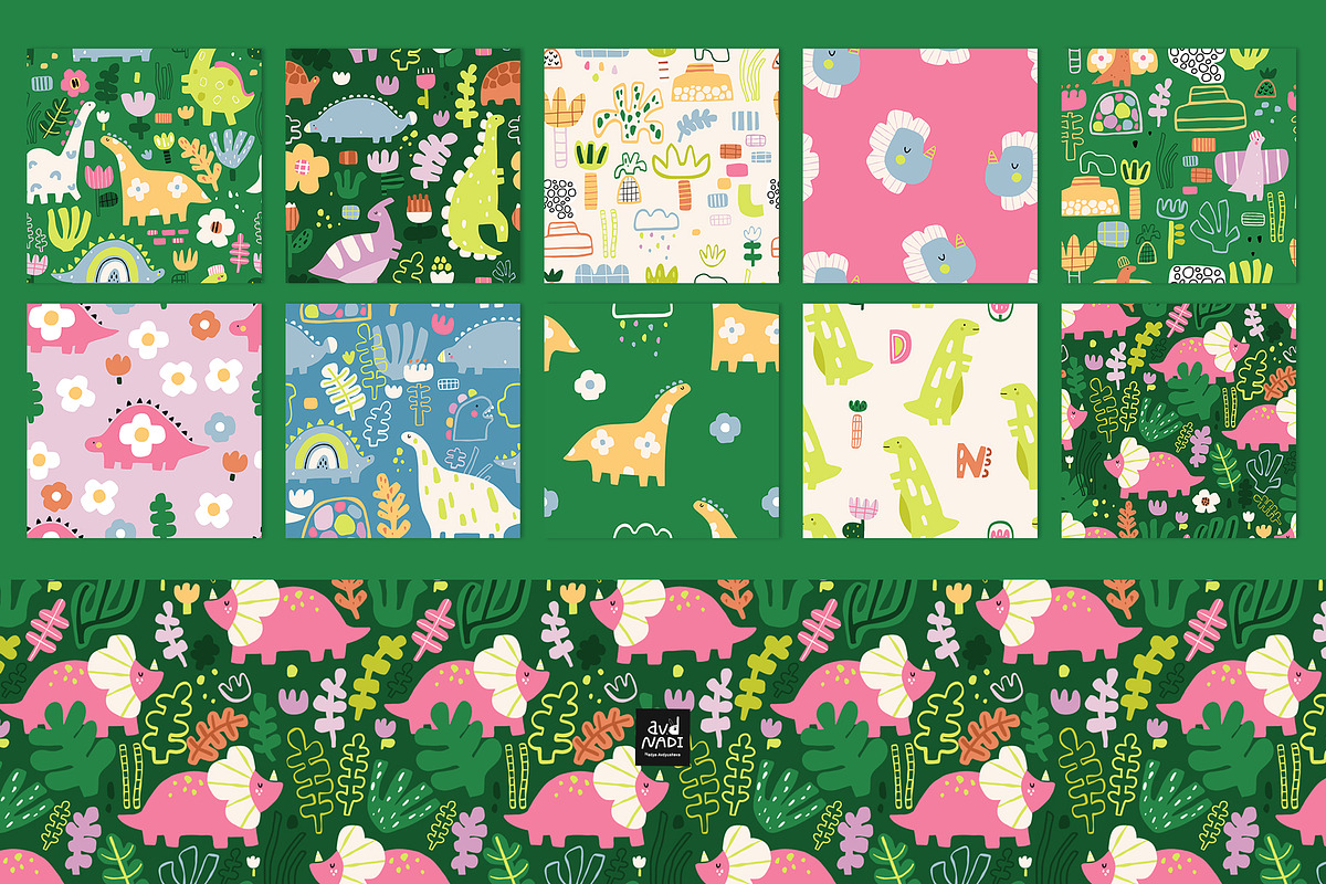 Dino cliparts and patterns, an Animal Illustration by avdnadi (Photo 7 of 10)