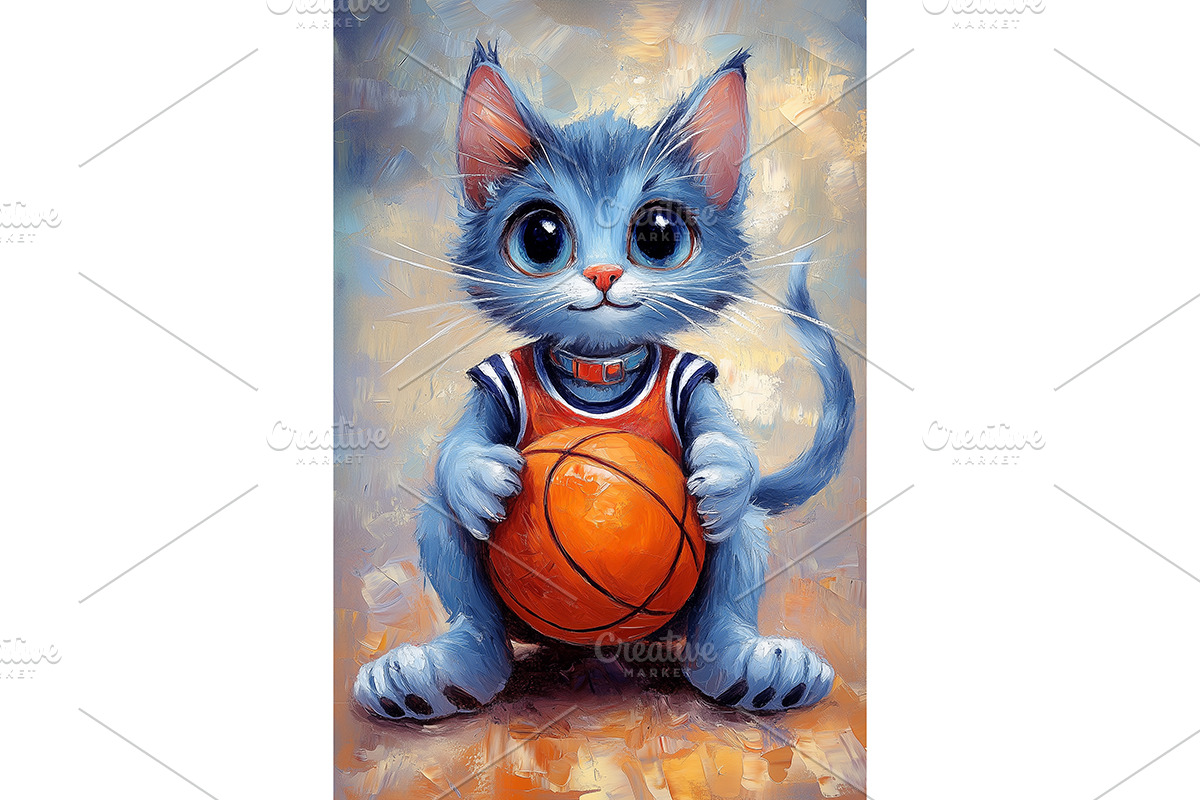 Basketball Russian Blue Cat Artwork, an Animal Illustration by Art Paradise Studios