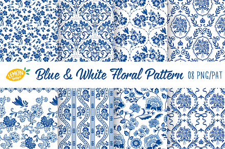 Blue & White Floral Pattern Bundle, a Pattern Graphic by LemonDesign