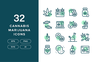 32 Cannabis Marijuana Icons, an Outline Icon by Furnace