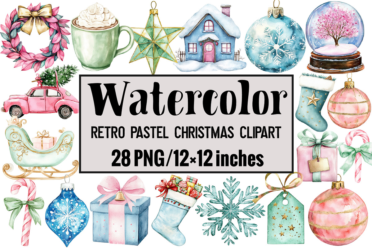 Retro Pastel Christmas Clipart, an Illustration by Design Market (Photo 1 of 3)