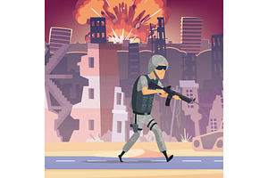 Soldier walking through war torn
