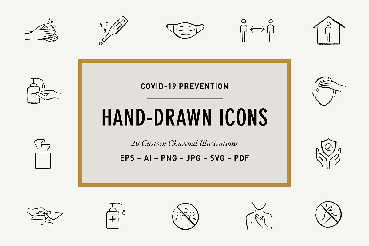 Hand-Drawn Covid-19 Prevention Icons, an Icon by Space Between (Photo 1 of 6)