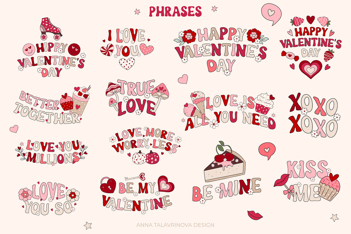 Retro Groovy Valentines Day clipart, an Illustration by Cozy pattern shop