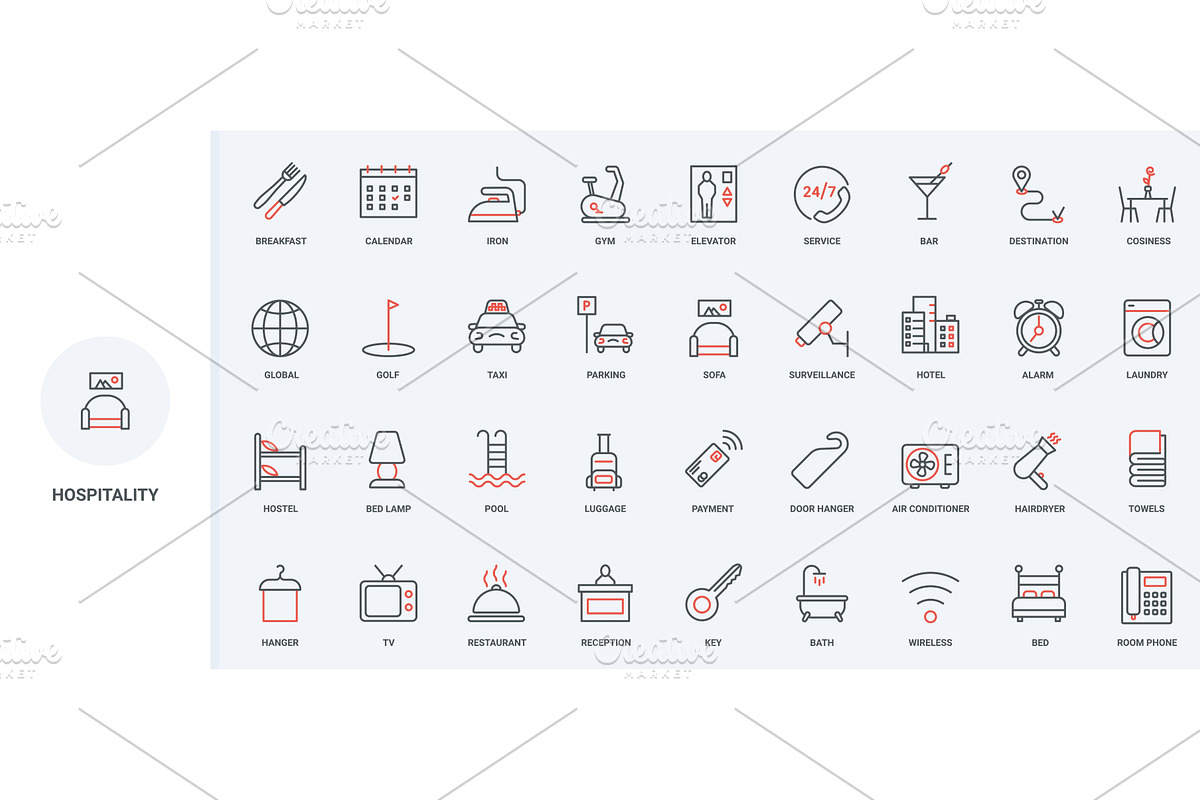 Hotel hostel hospitality icons, an Object Illustration by Lemberg Vector