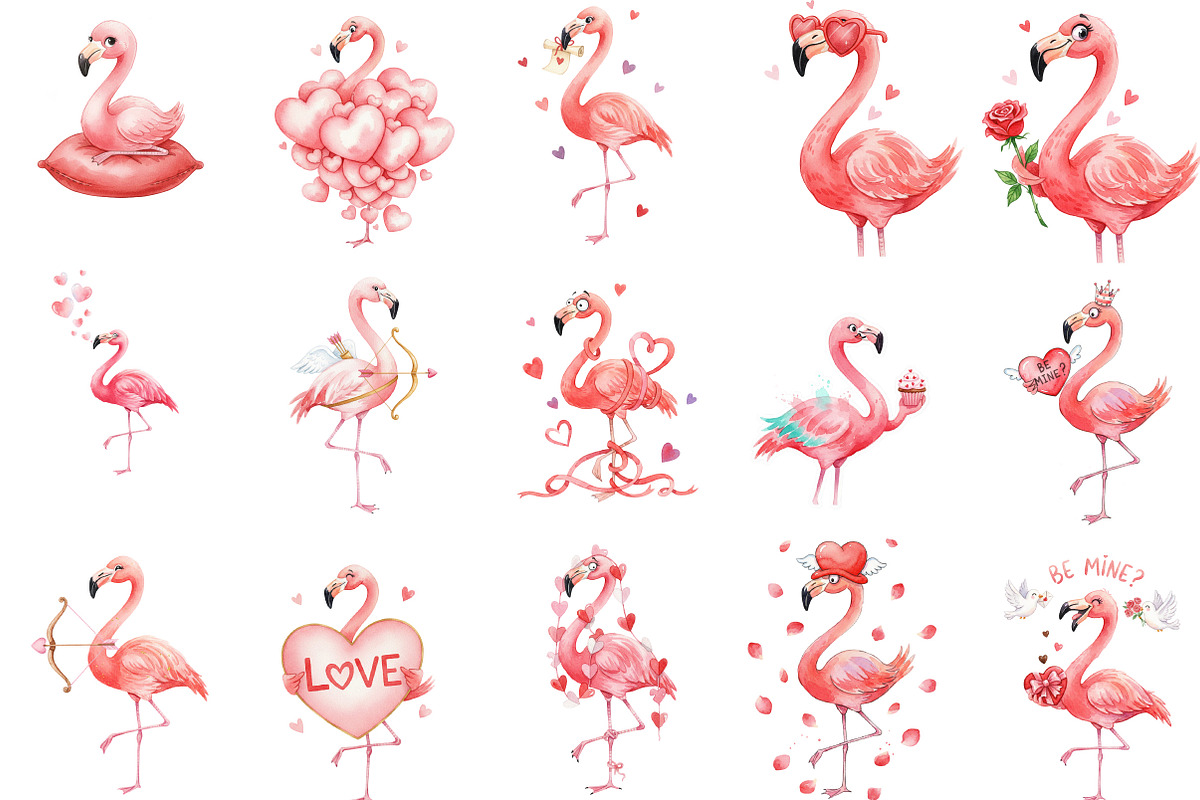 Funny Valentine's Flamingo Clipart, an Illustration by Designking (Photo 3 of 5)