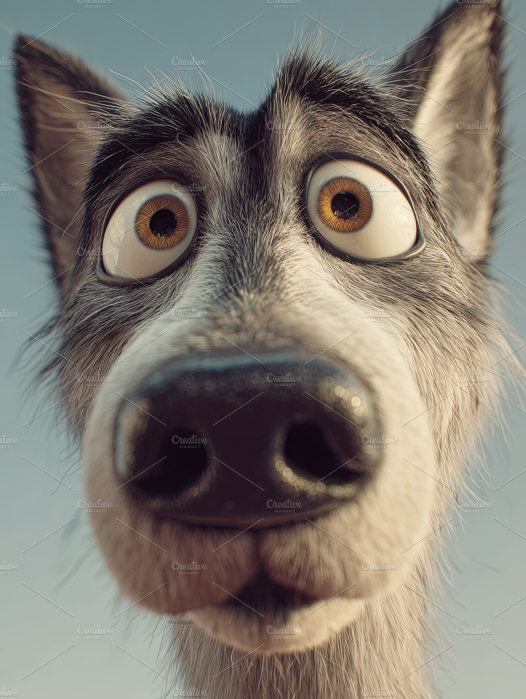 Close-up of a surprised cartoon wolf with big eyes and expressiv, an Animal Photo by Ales Munt