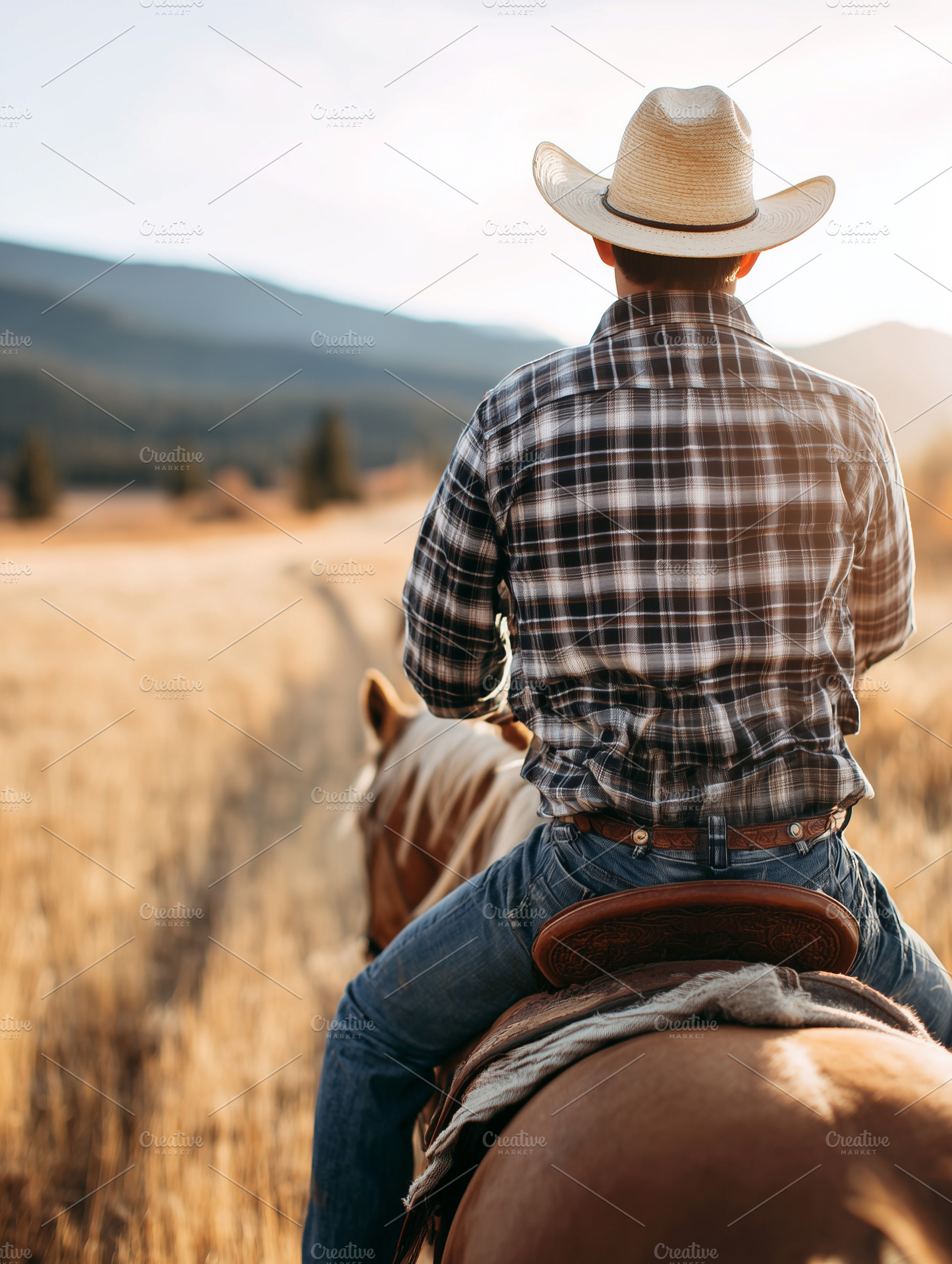 Cowboy riding a horse through field, a Person Photo by MistyDay