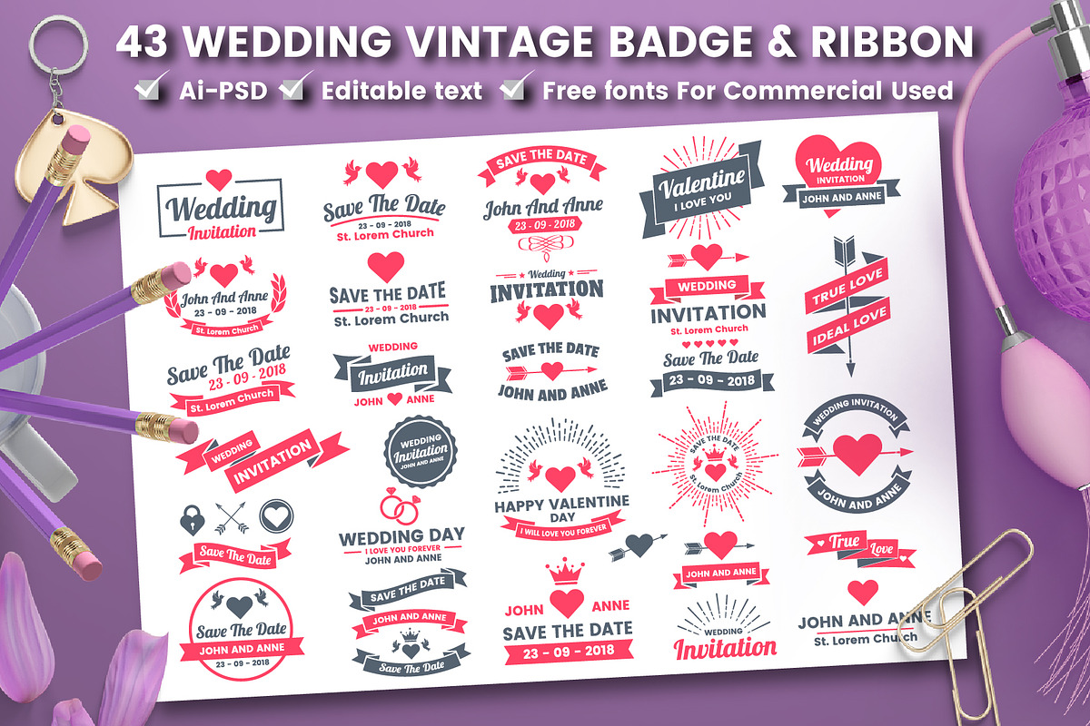 43 WEDDING VINTAGE BADGE & RIBBON, an Invitation Template by Toonsteb (Photo 1 of 14)