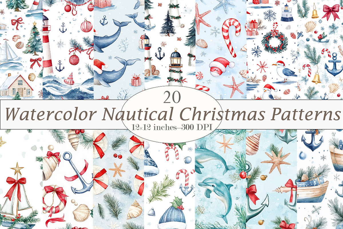 Watercolor Nautical Christmas Patter, a Pattern Graphic by Design Market (Photo 1 of 4)