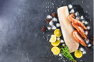 Cod shrimp background. White fish