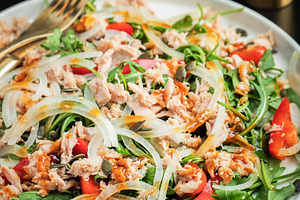 Fresh Tuna Salad with Onions and Cherry Tomatoes. Italian Medite, a Food & Drink Photo by Budarinphoto