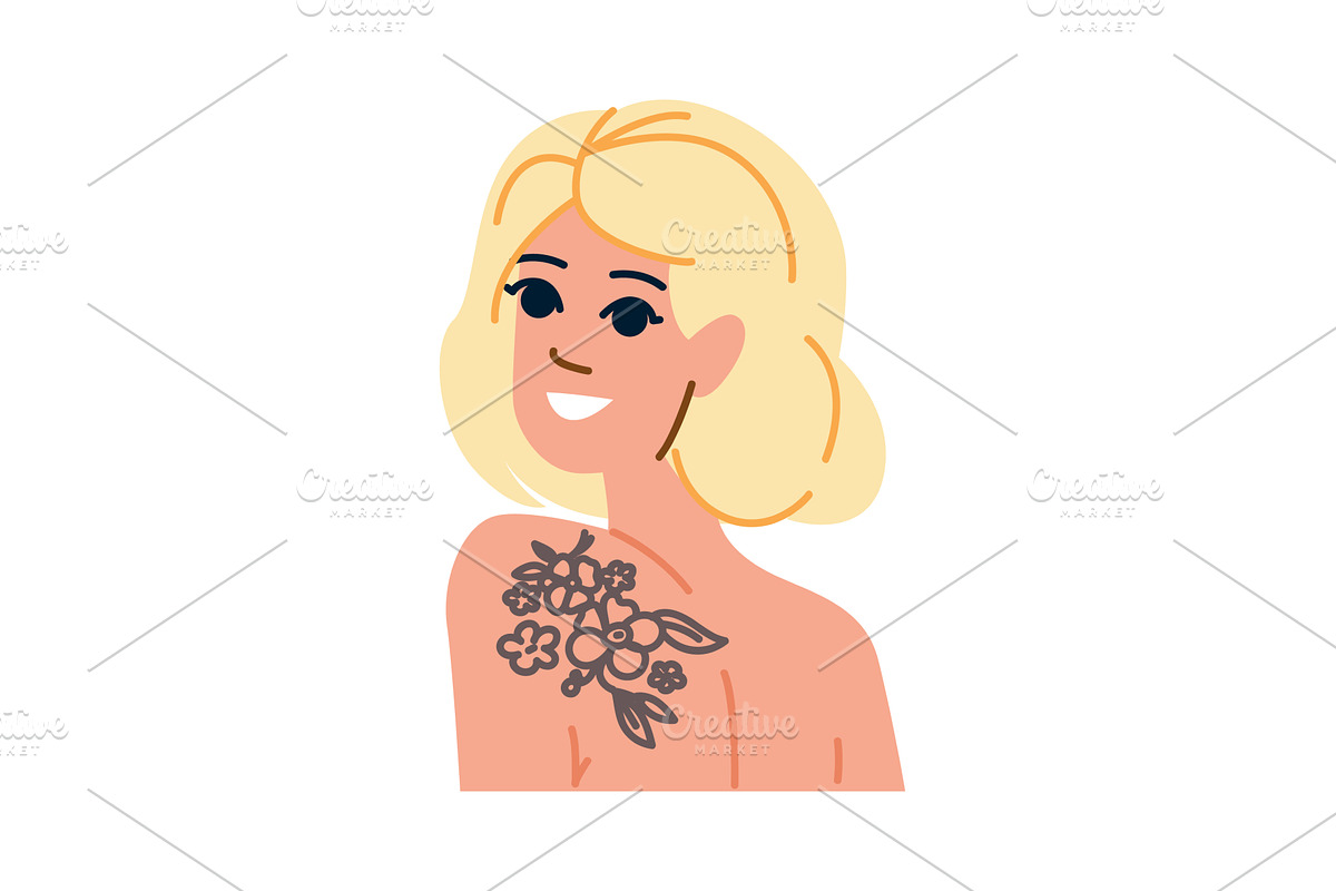 Smiling blonde woman showing floral, an Illustration by pikepicture